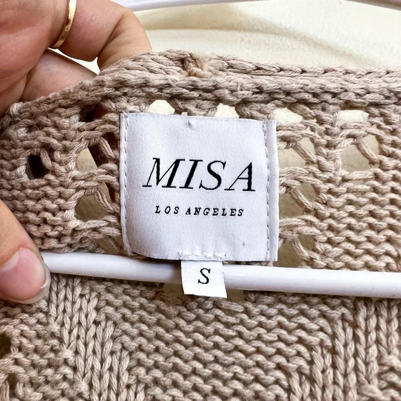 MISA Los Angeles Aztec Fringe Bohemian Tan Tie Waist Knit Cardigan Sweater Small - Picture 5 of 9